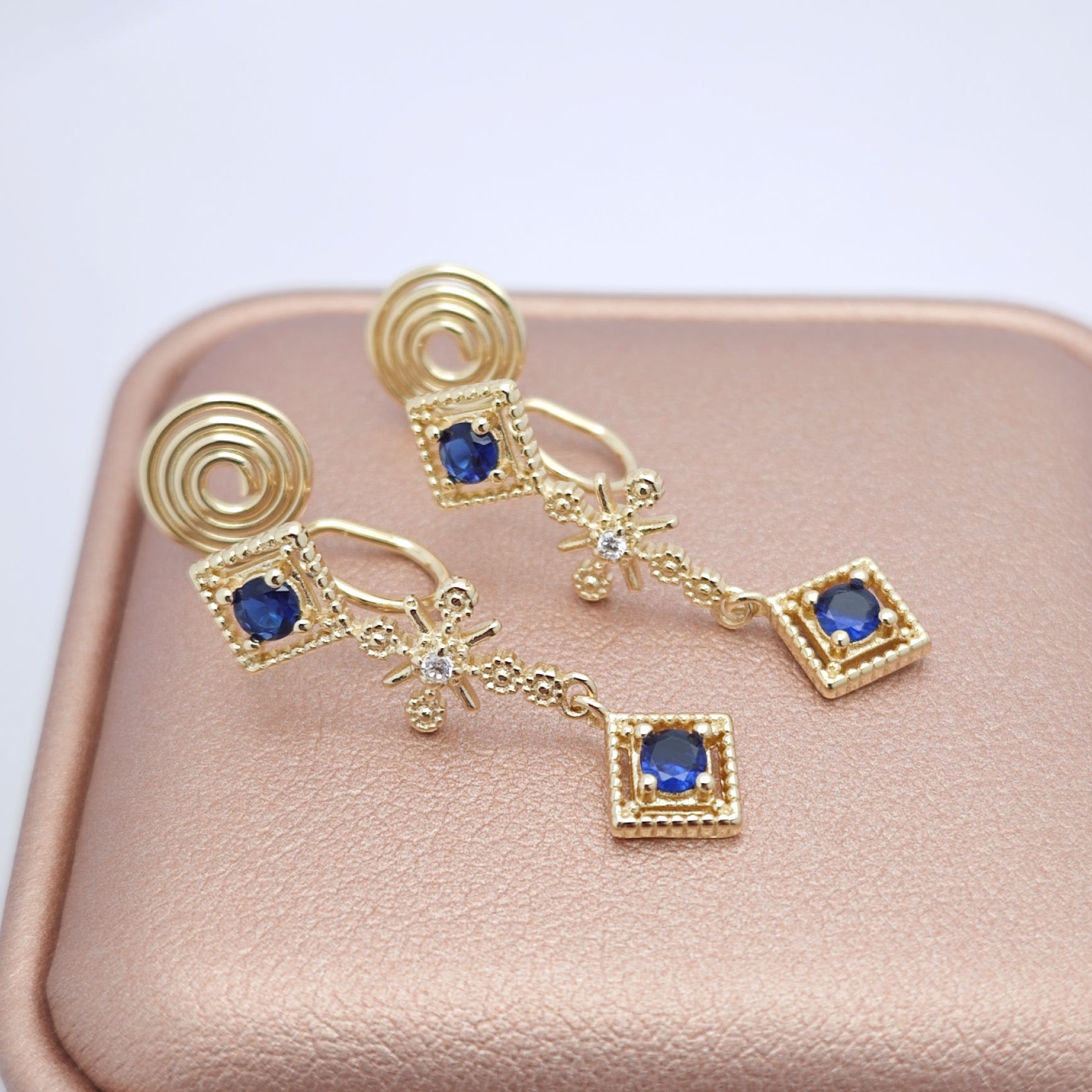 “Éclat” Sapphire Glimmer Cascade Earrings — 14K Gold‑Plated, Gemstone-Style Accents