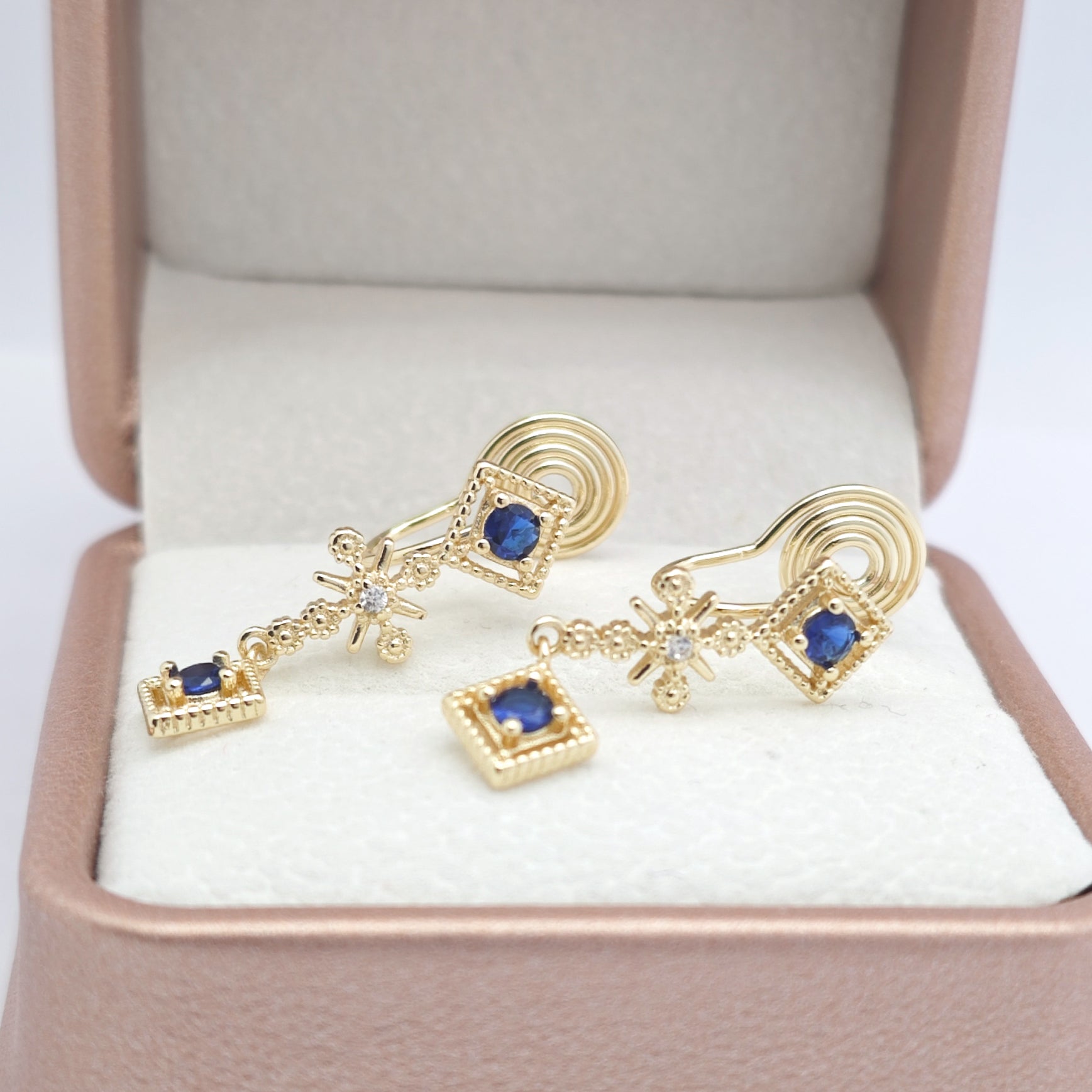 “Éclat” Sapphire Glimmer Cascade Earrings — 14K Gold‑Plated, Gemstone-Style Accents