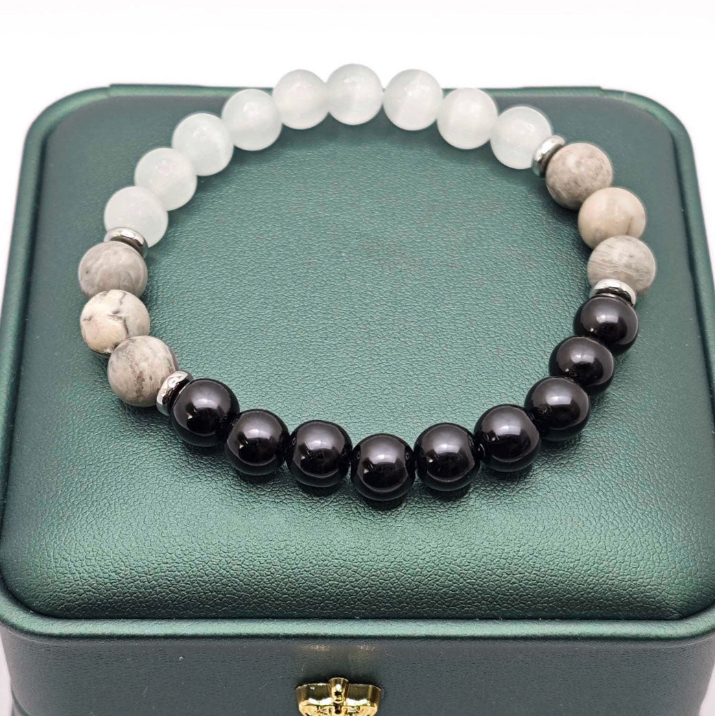 “Lien” Beaded Bracelet — Cat’s‑Eye, Black L’Ardeur Crystal & Map Stone