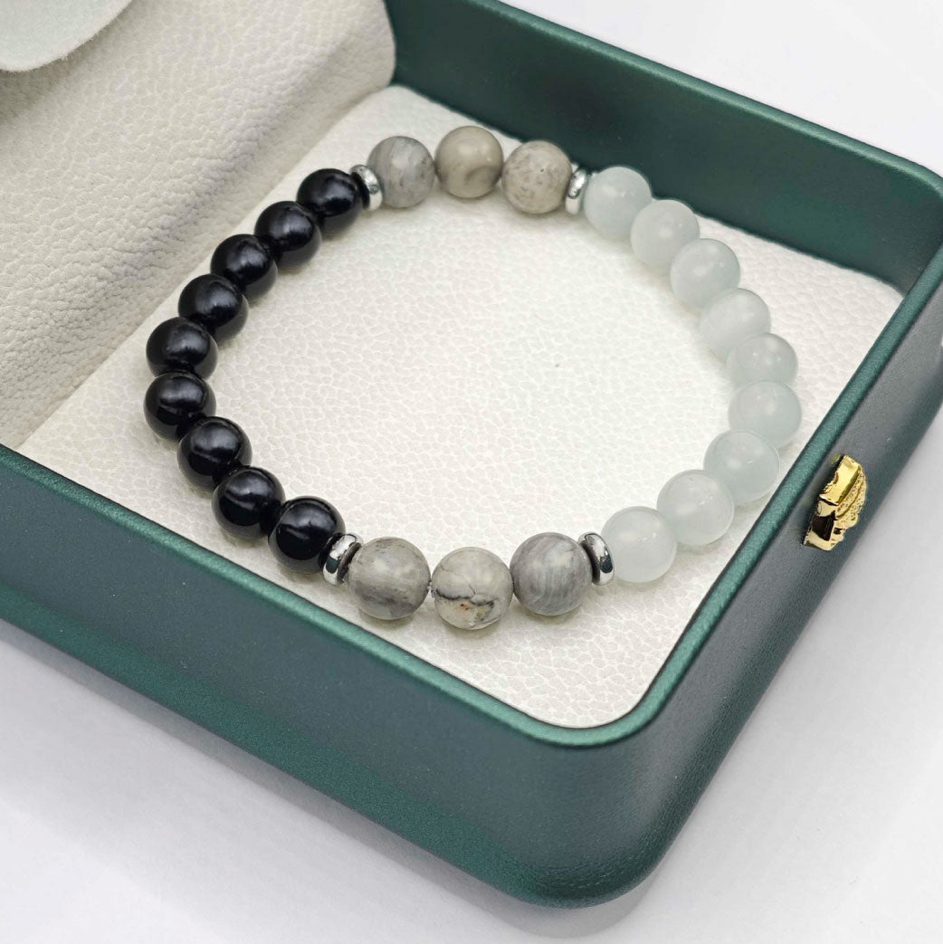 “Lien” Beaded Bracelet — Cat’s‑Eye, Black L’Ardeur Crystal & Map Stone