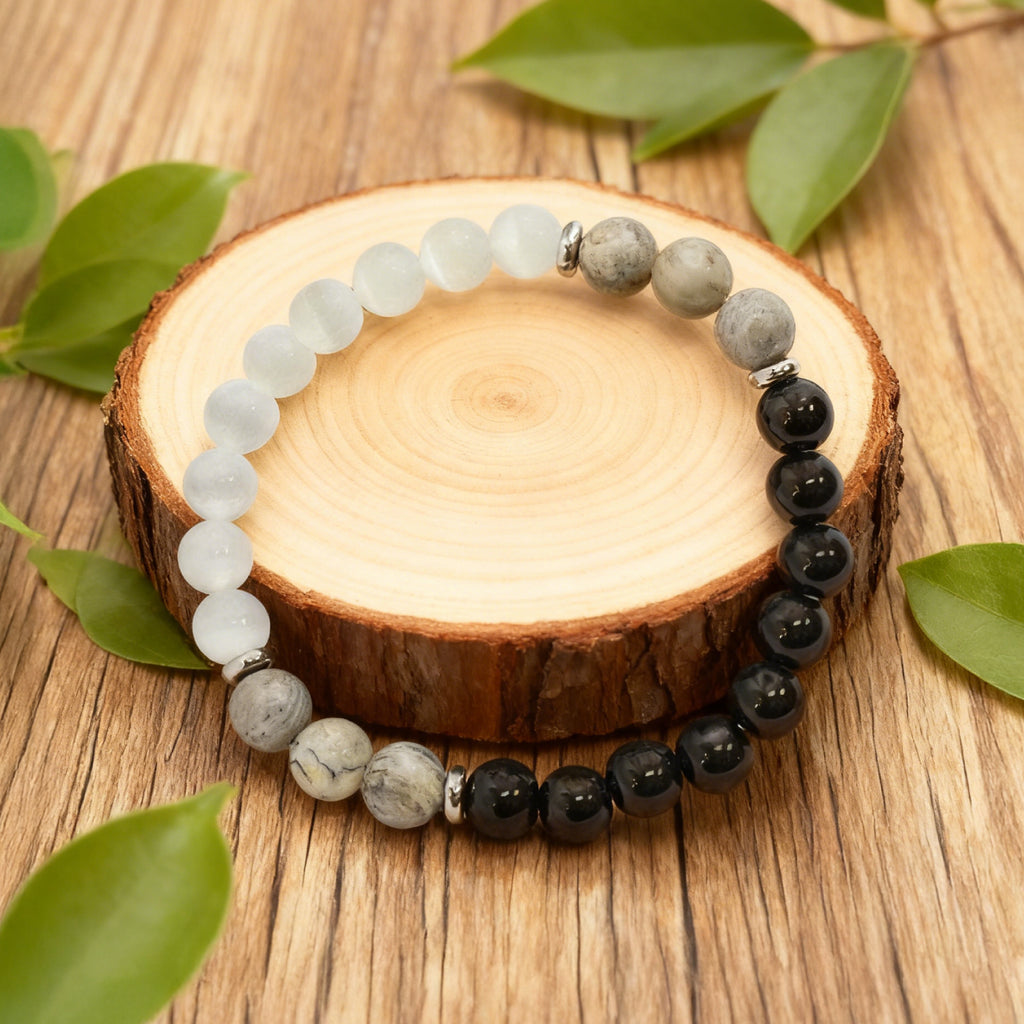 Bracelet de perles « Lien » — œil de chat, cristal noir L'Ardeur et pierre cartographique