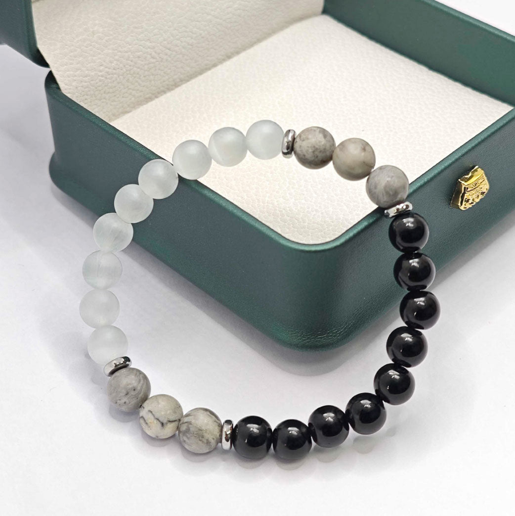 “Lien” Beaded Bracelet — Cat’s‑Eye, Black L’Ardeur Crystal & Map Stone