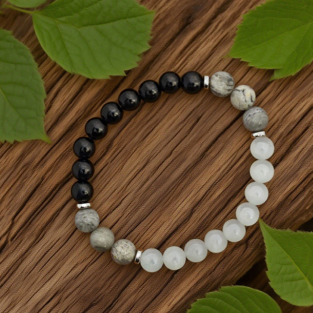 “Lien” Beaded Bracelet — Cat’s‑Eye, Black L’Ardeur Crystal & Map Stone