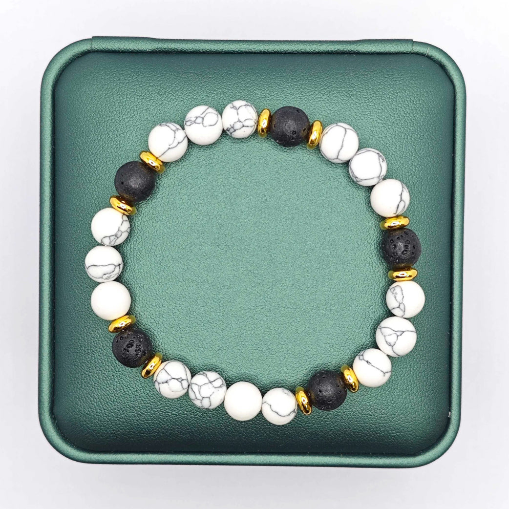 “Lien” Beaded Bracelet — White Howlite & Lava Stone
