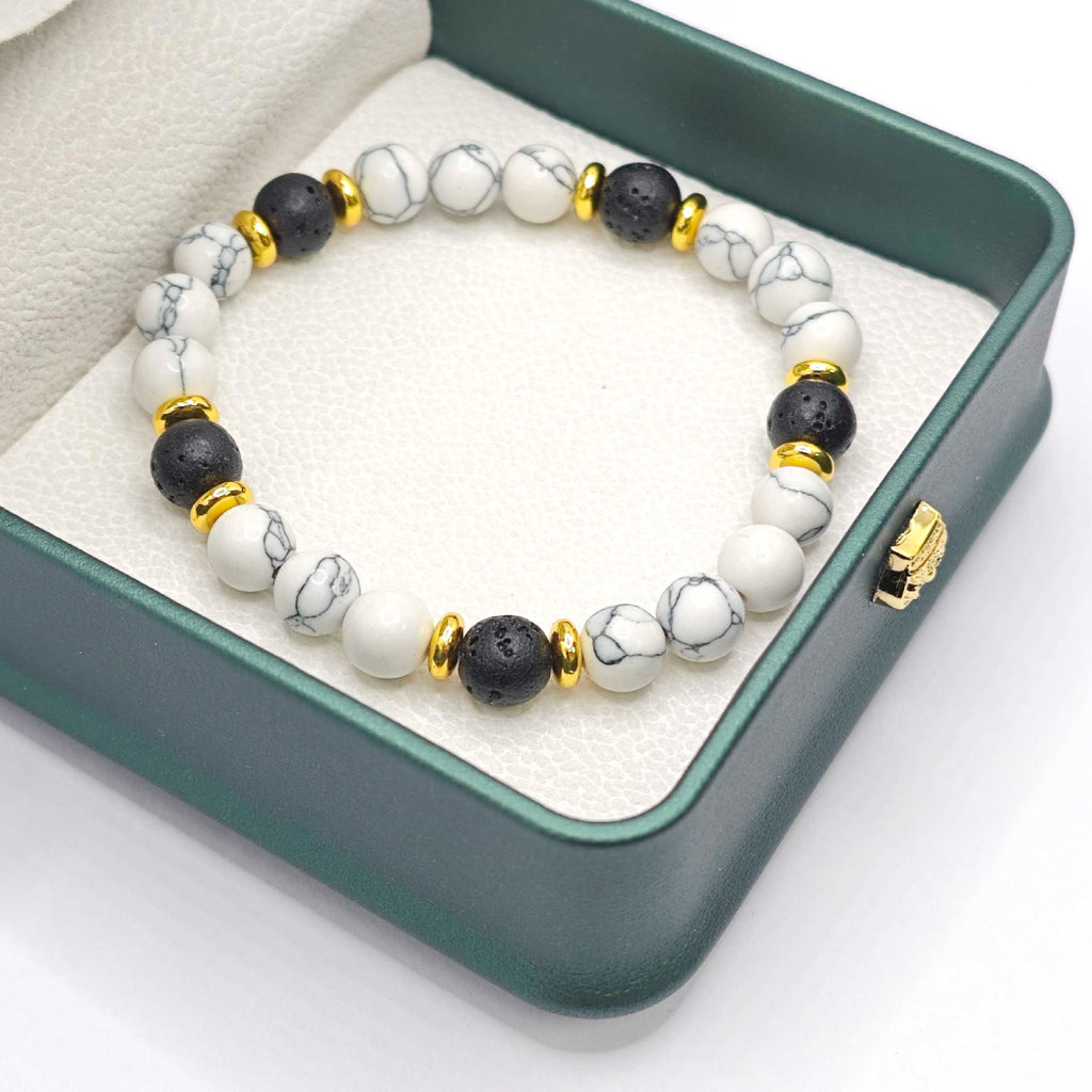 “Lien” Beaded Bracelet — White Howlite & Lava Stone