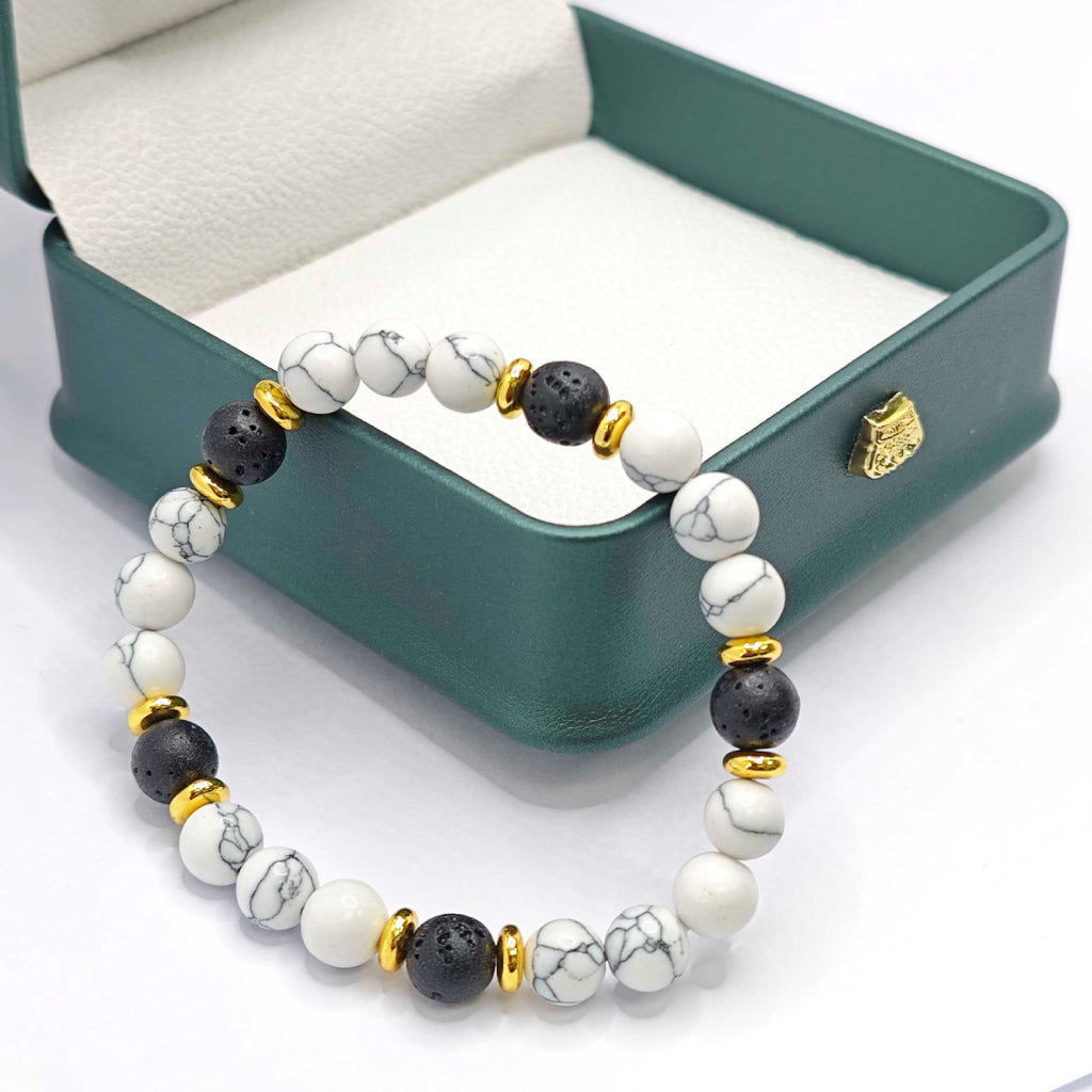 “Lien” Beaded Bracelet — White Howlite & Lava Stone