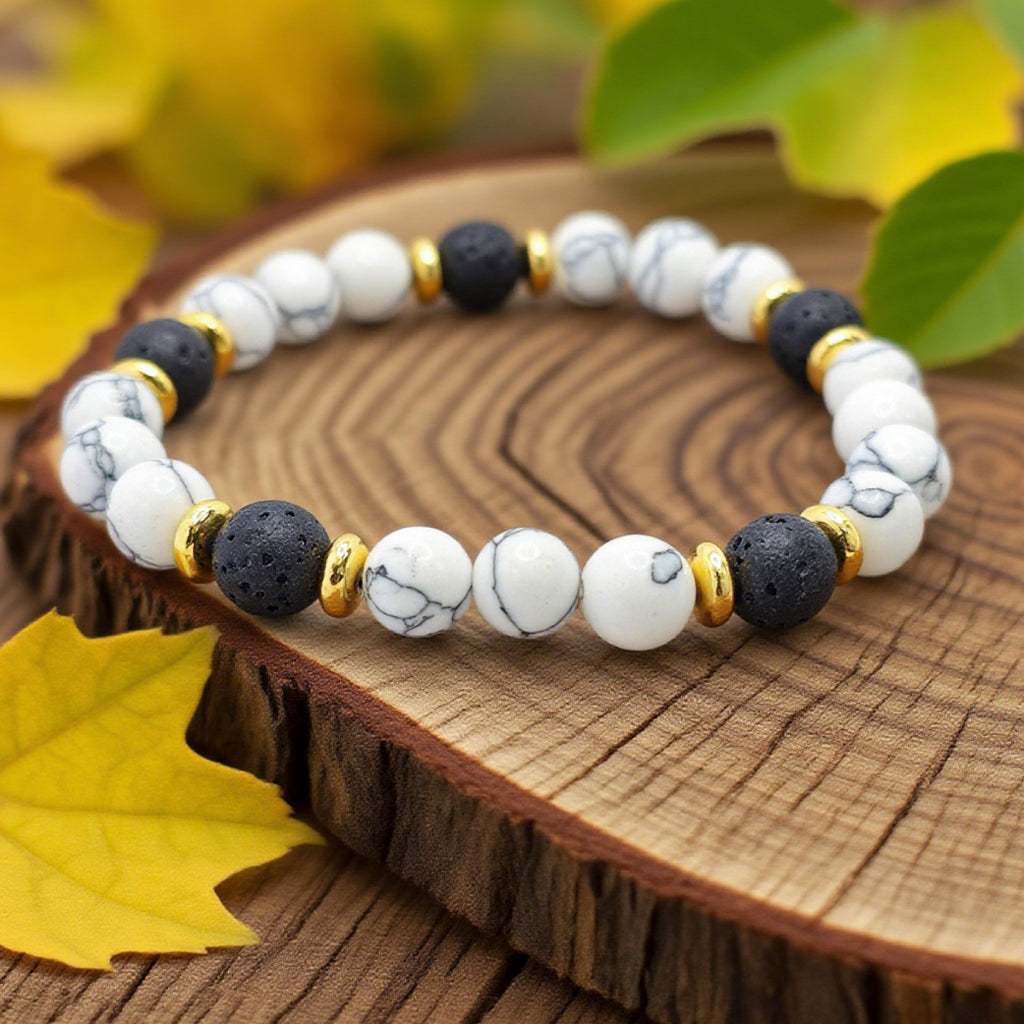 “Lien” Beaded Bracelet — White Howlite & Lava Stone