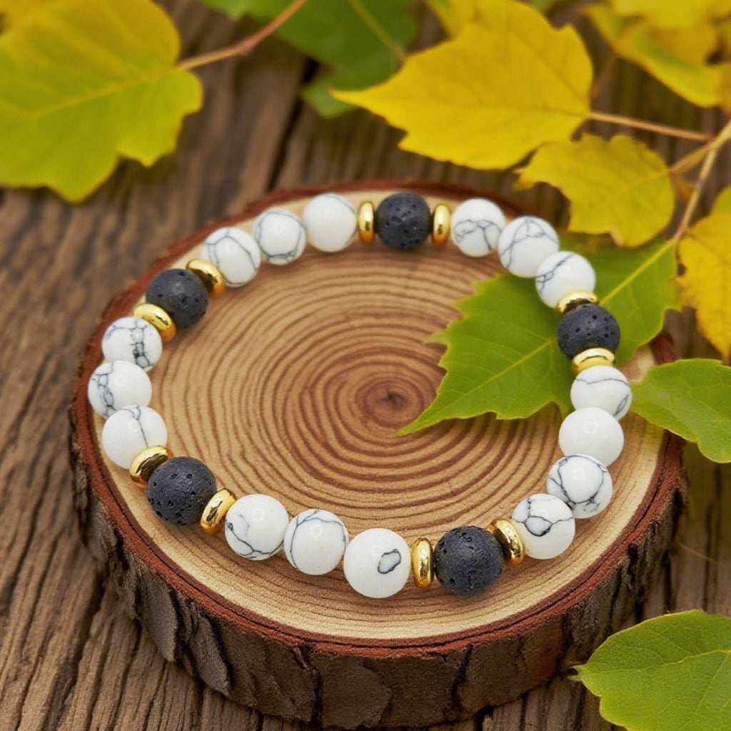 “Lien” Beaded Bracelet — White Howlite & Lava Stone