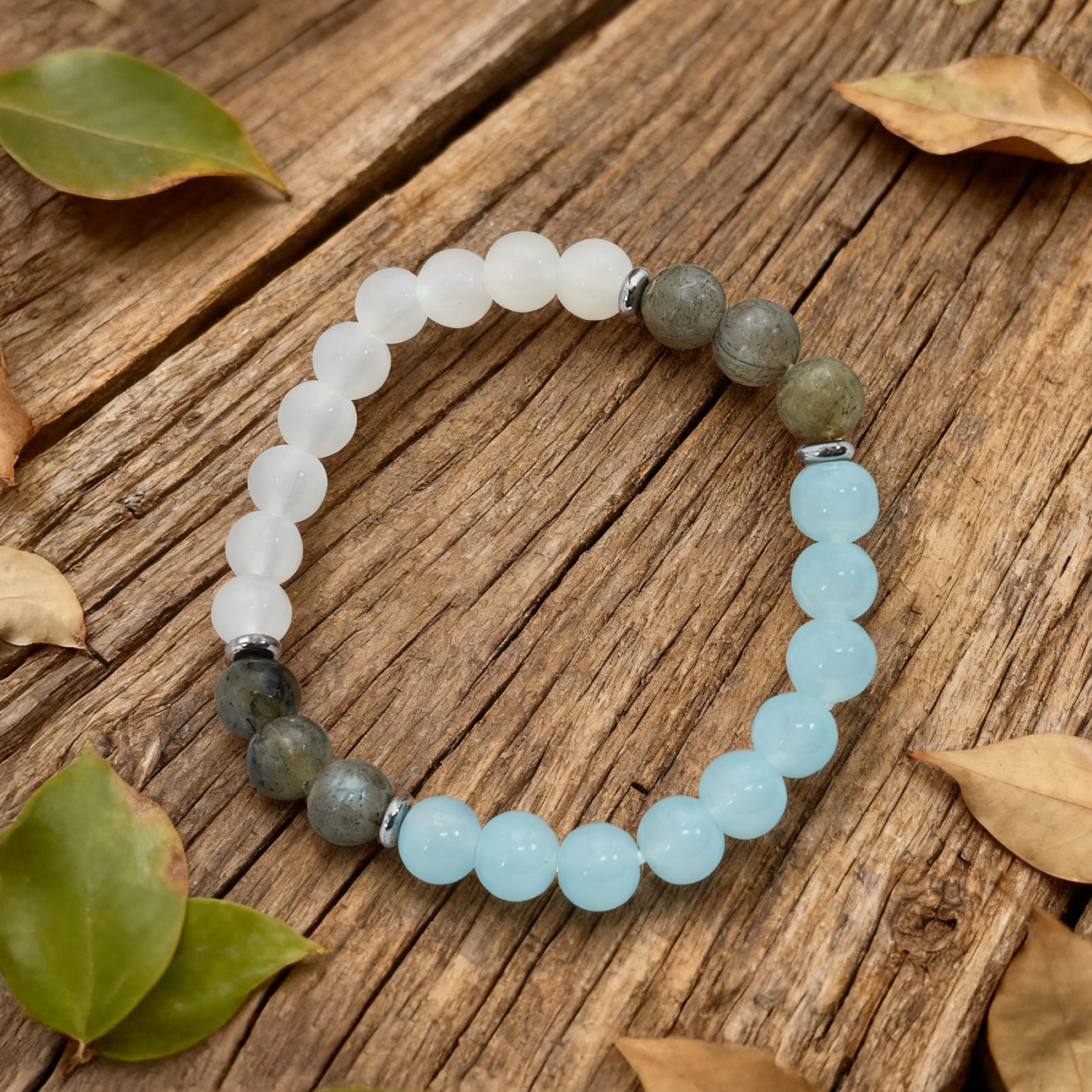 "Lien” Beaded Bracelet — Labradorite, Aqua L’Ardeur Crystal & White Jade L’Ardeur Crystal