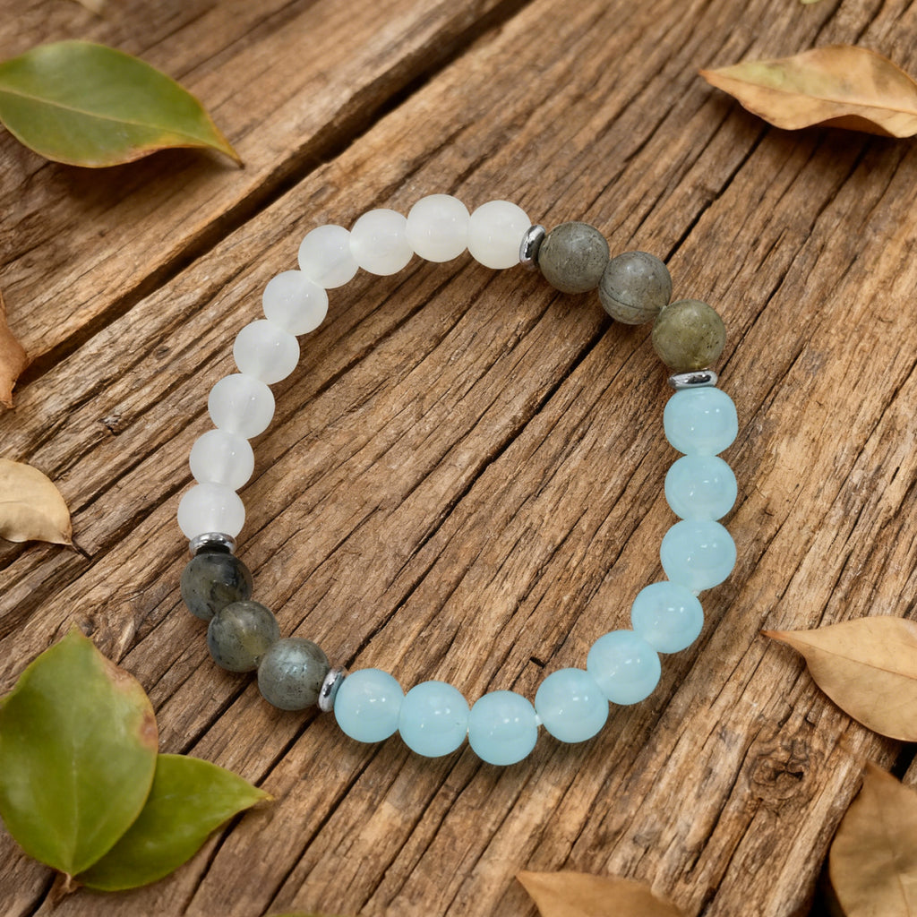 Bracelet Perlé « Lien » — Labradorite, Cristal Aqua L'Ardeur &amp; Jade Blanc Cristal L'Ardeur