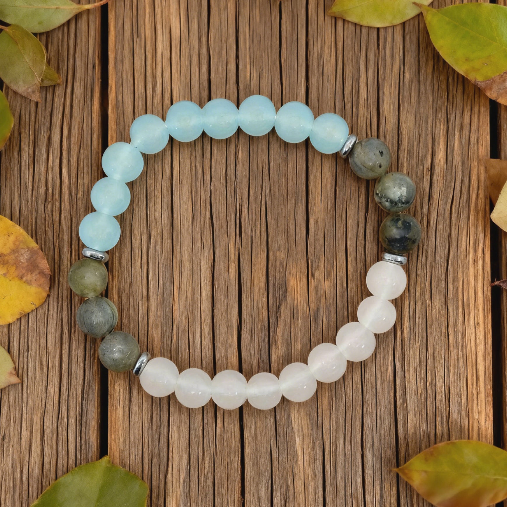 "Lien” Beaded Bracelet — Labradorite, Aqua L’Ardeur Crystal & White Jade L’Ardeur Crystal