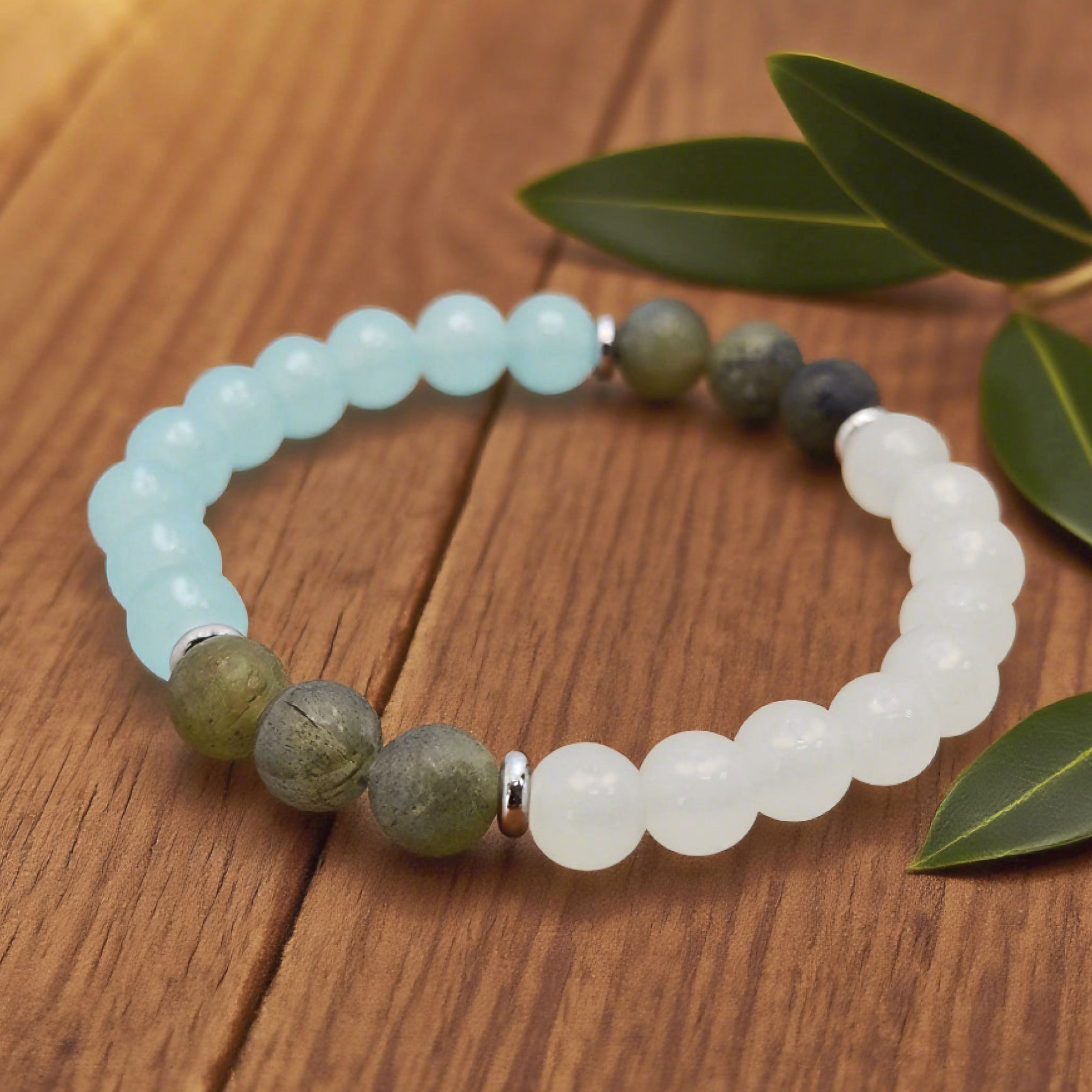 "Lien” Beaded Bracelet — Labradorite, Aqua L’Ardeur Crystal & White Jade L’Ardeur Crystal