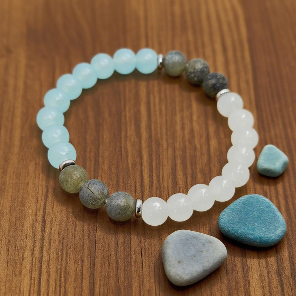 "Lien” Beaded Bracelet — Labradorite, Aqua L’Ardeur Crystal & White Jade L’Ardeur Crystal