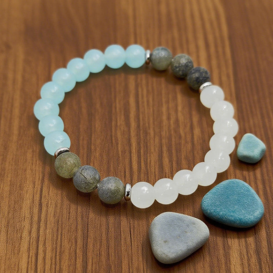 "Lien” Beaded Bracelet — Labradorite, Aqua L’Ardeur Crystal & White Jade L’Ardeur Crystal