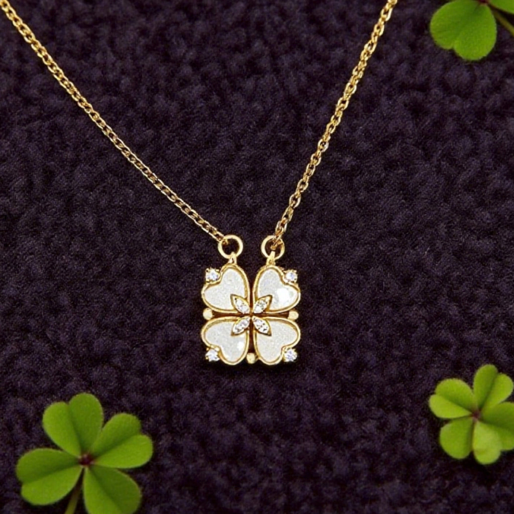 “Étreinte” Clover Pendant Necklace — 18K‑Plated Chain, White Resin