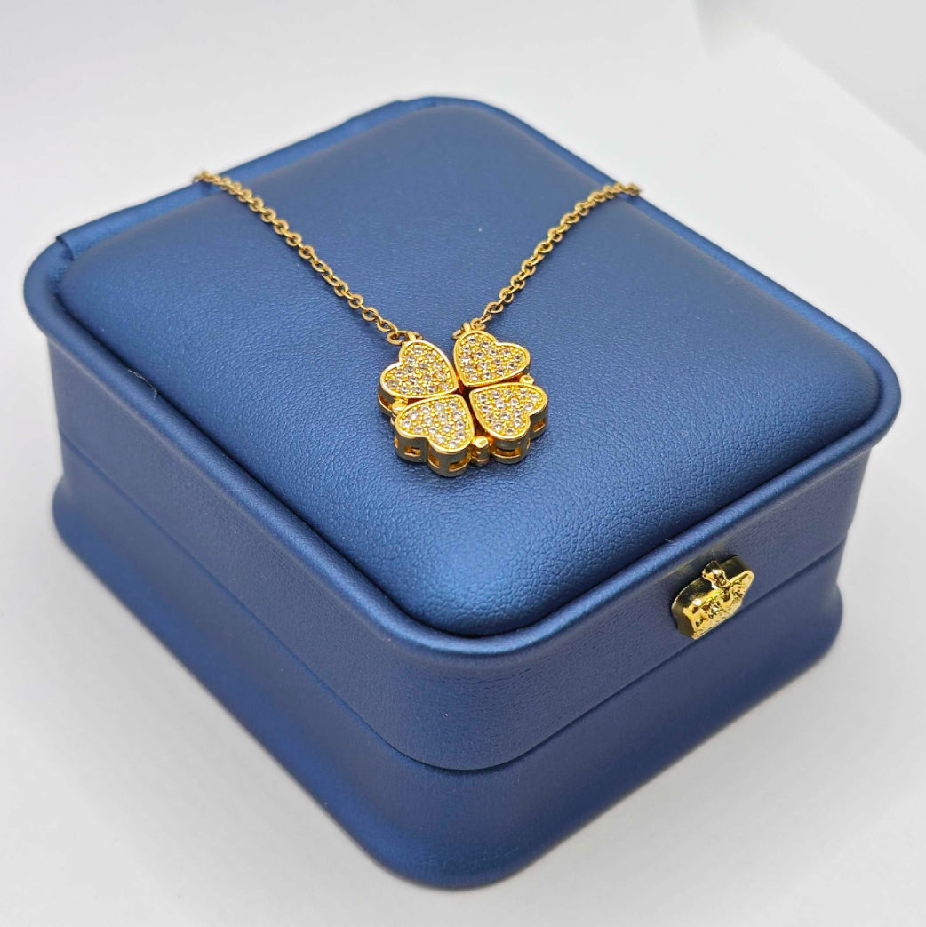 “Étreinte” Pavé Clover Pendant Necklace — 18K‑Plated Chain