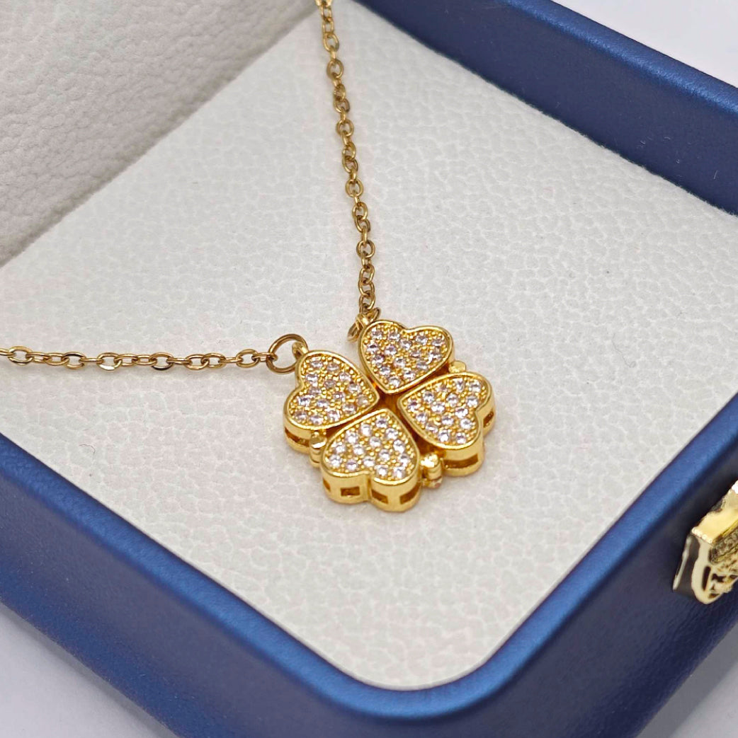 “Étreinte” Pavé Clover Pendant Necklace — 18K‑Plated Chain