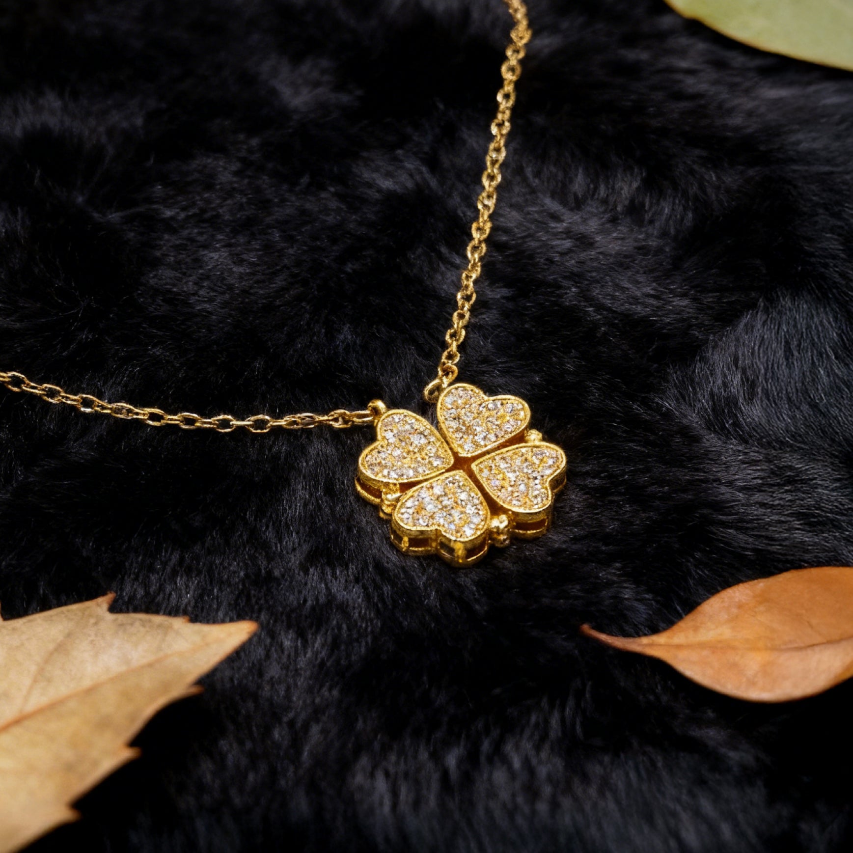 “Étreinte” Pavé Clover Pendant Necklace — 18K‑Plated Chain