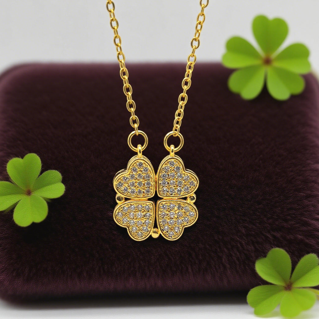 “Étreinte” Pavé Clover Pendant Necklace — 18K‑Plated Chain