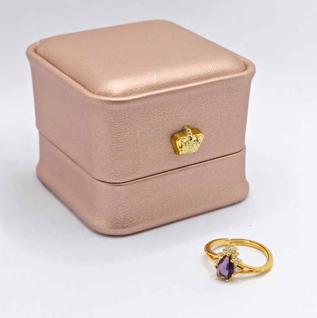 “Toujours” Adjustable Ring — 18K-Gold Plated Faux Amethyst & Clear L’Ardeur Crystal Zircons