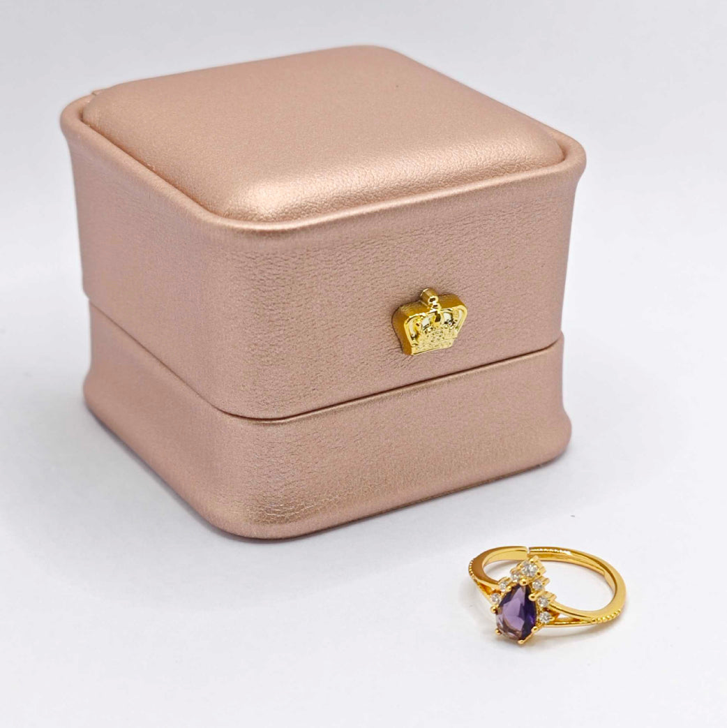 “Toujours” Adjustable Ring — 18K-Gold Plated Faux Amethyst & Clear L’Ardeur Crystal Zircons