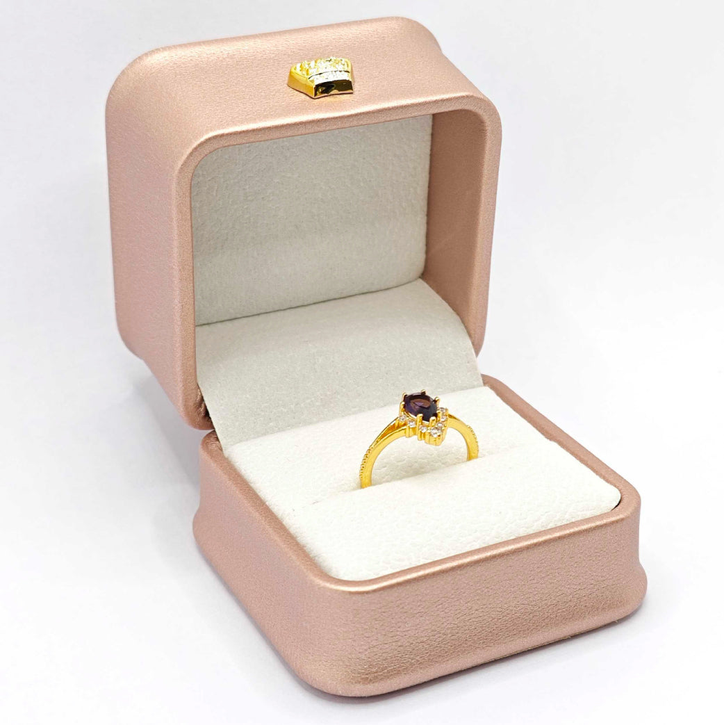 “Toujours” Adjustable Ring — 18K-Gold Plated Faux Amethyst & Clear L’Ardeur Crystal Zircons