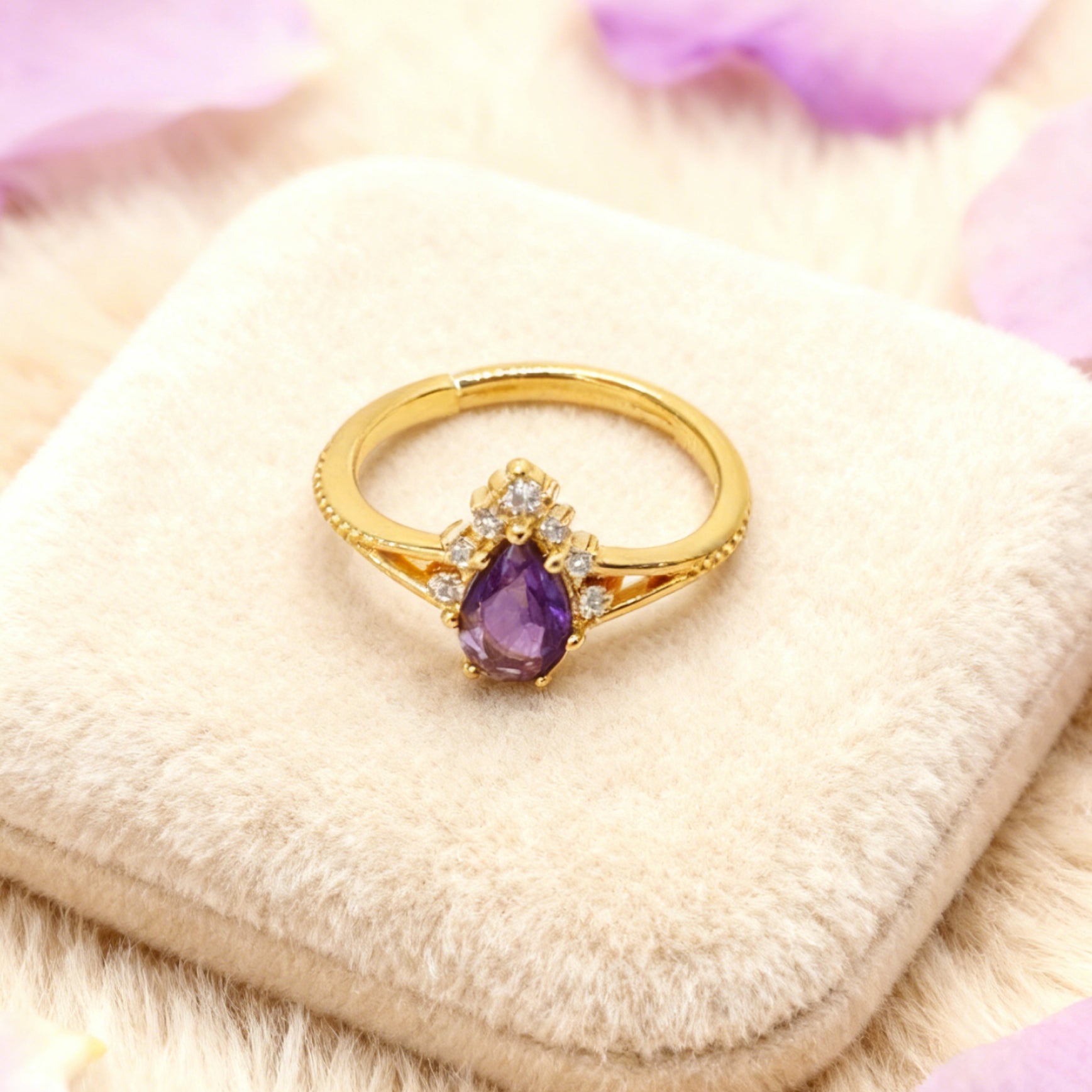 “Toujours” Adjustable Ring — 18K-Gold Plated Faux Amethyst & Clear L’Ardeur Crystal Zircons