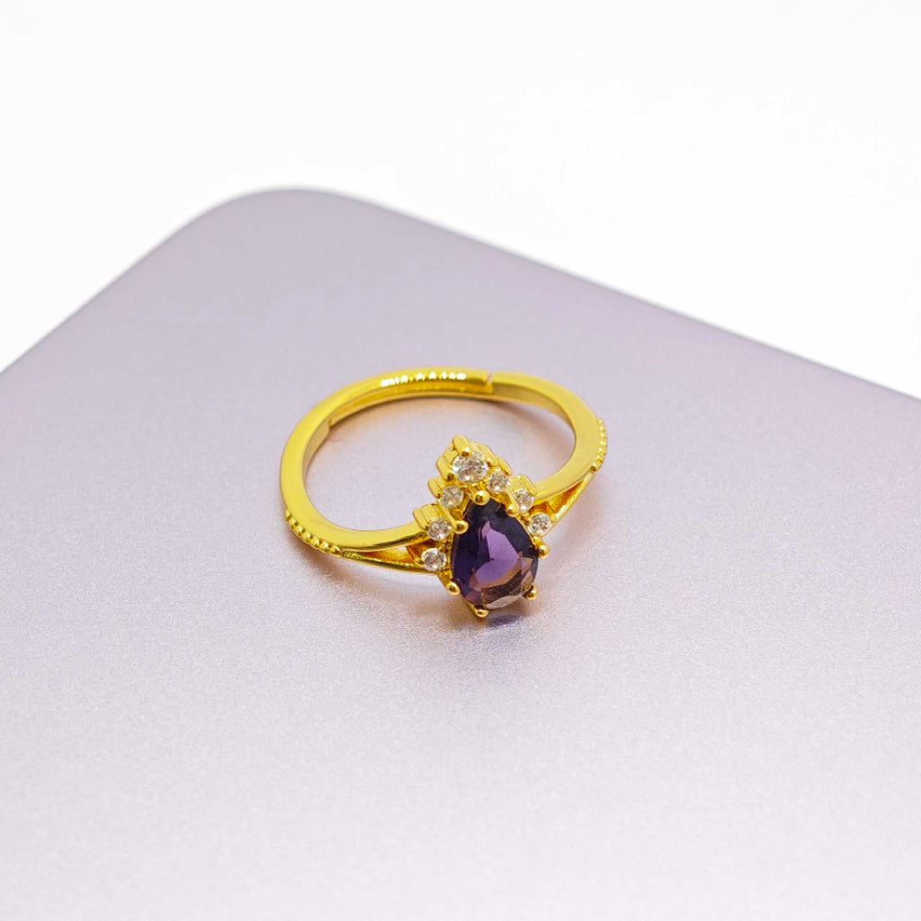 “Toujours” Adjustable Ring — 18K-Gold Plated Faux Amethyst & Clear L’Ardeur Crystal Zircons