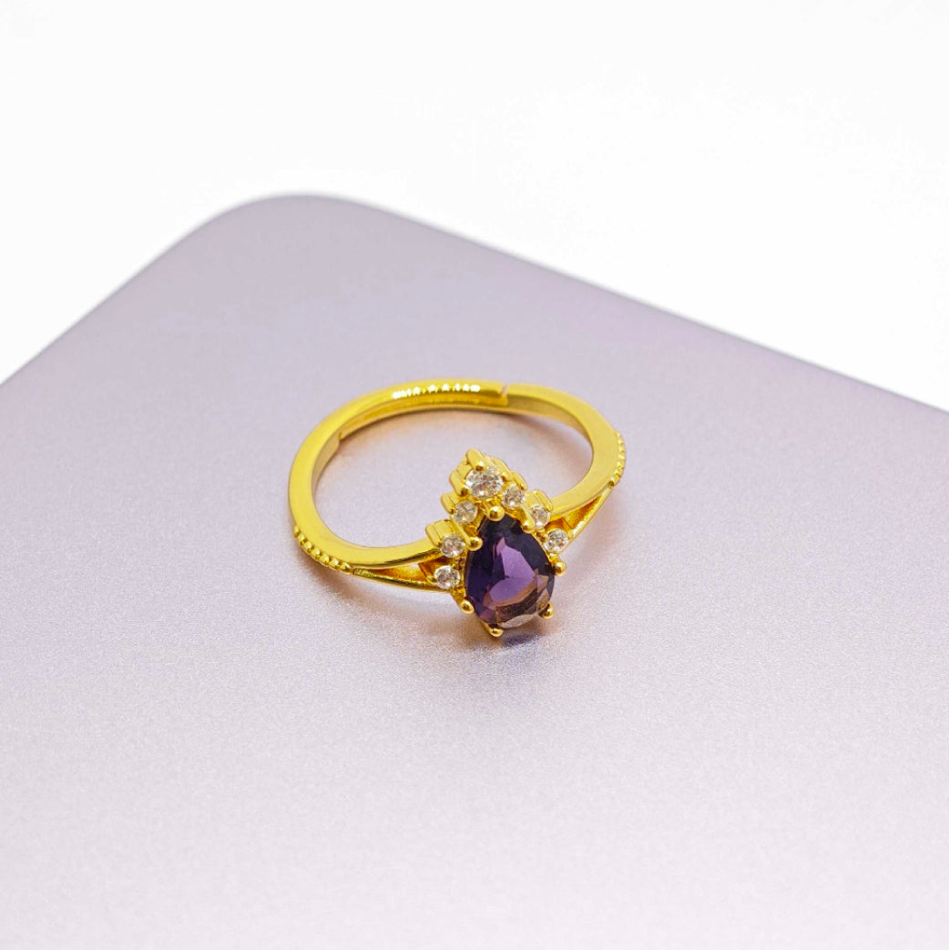 “Toujours” Adjustable Ring — 18K-Gold Plated Faux Amethyst & Clear L’Ardeur Crystal Zircons