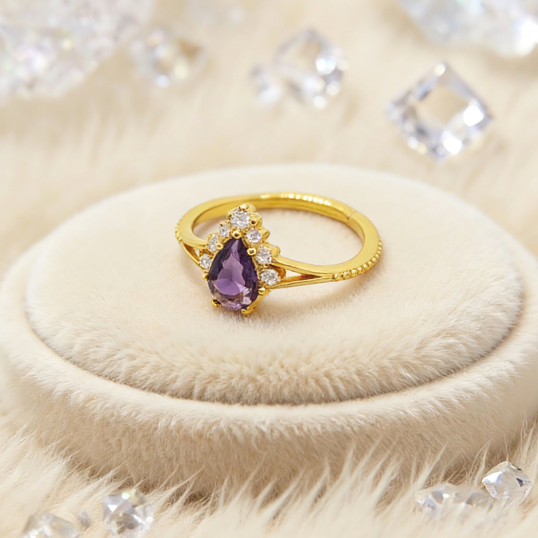 “Toujours” Adjustable Ring — 18K-Gold Plated Faux Amethyst & Clear L’Ardeur Crystal Zircons