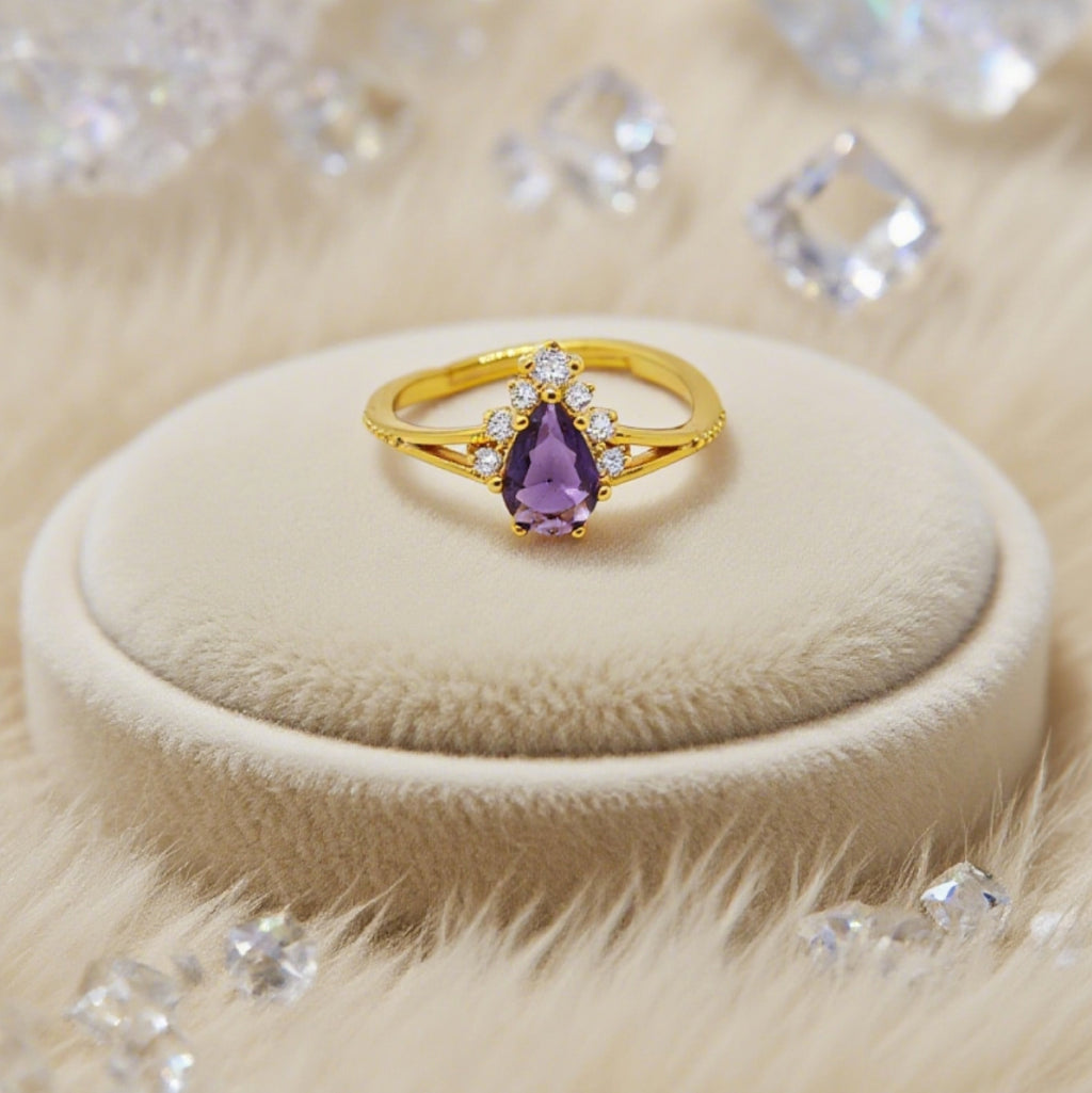 “Toujours” Adjustable Ring — 18K-Gold Plated Faux Amethyst & Clear L’Ardeur Crystal Zircons