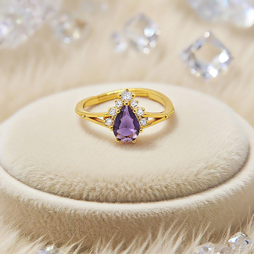 “Toujours” Adjustable Ring — 18K-Gold Plated Faux Amethyst & Clear L’Ardeur Crystal Zircons