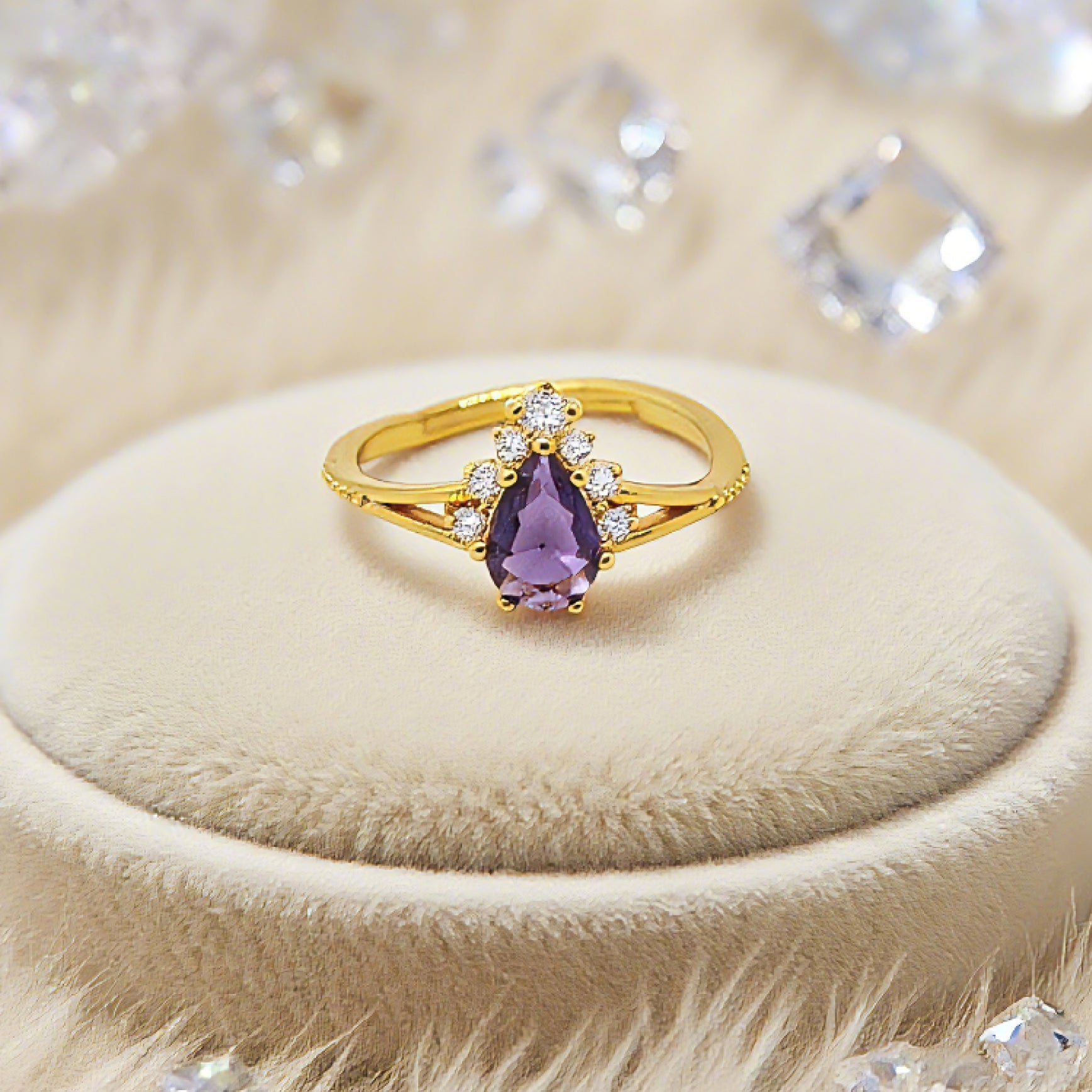 “Toujours” Adjustable Ring — 18K-Gold Plated Faux Amethyst & Clear L’Ardeur Crystal Zircons