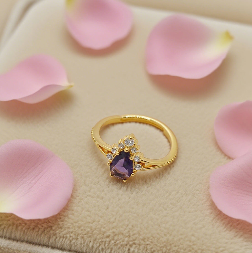 “Toujours” Adjustable Ring — 18K-Gold Plated Faux Amethyst & Clear L’Ardeur Crystal Zircons