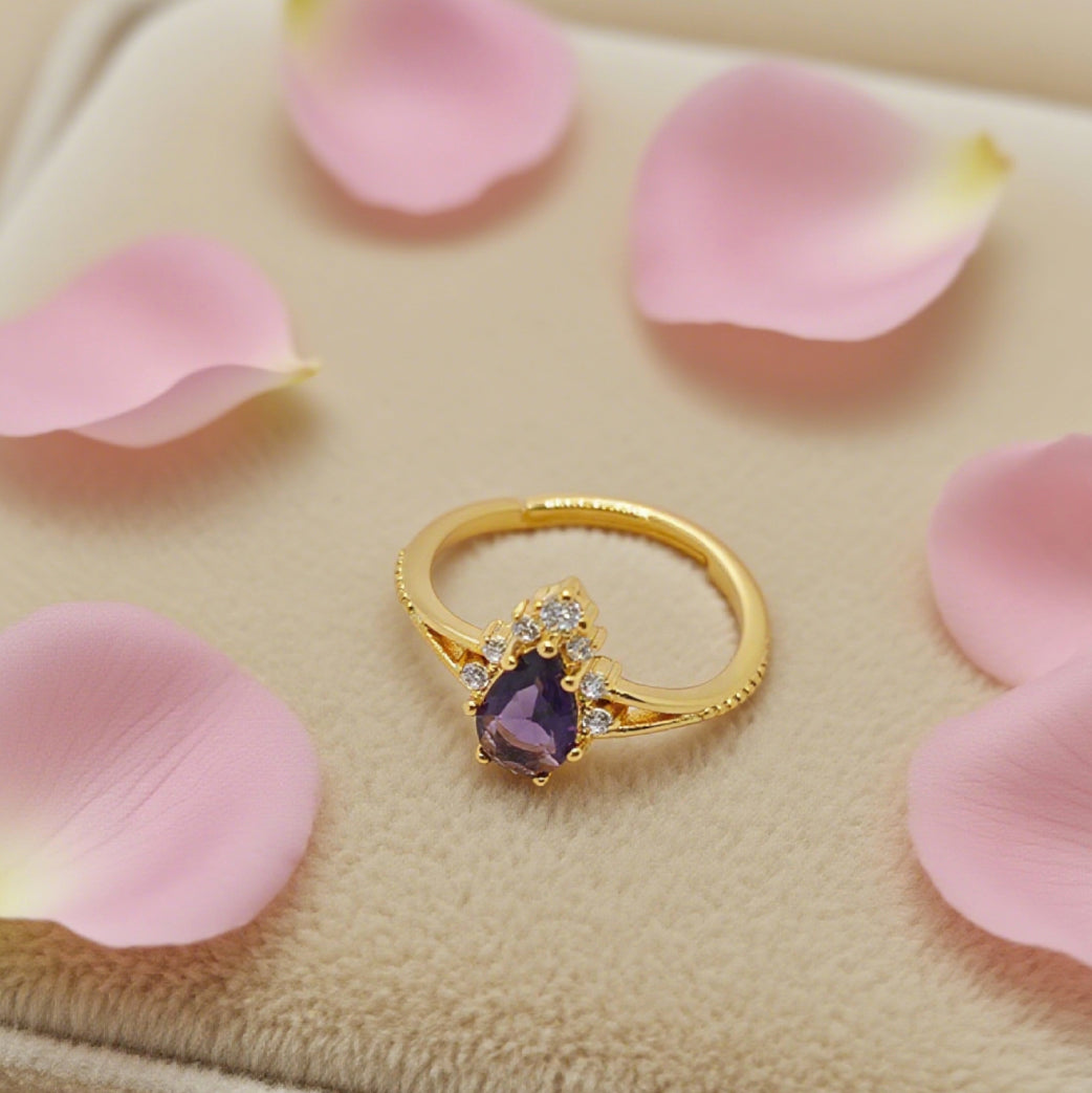 “Toujours” Adjustable Ring — 18K-Gold Plated Faux Amethyst & Clear L’Ardeur Crystal Zircons