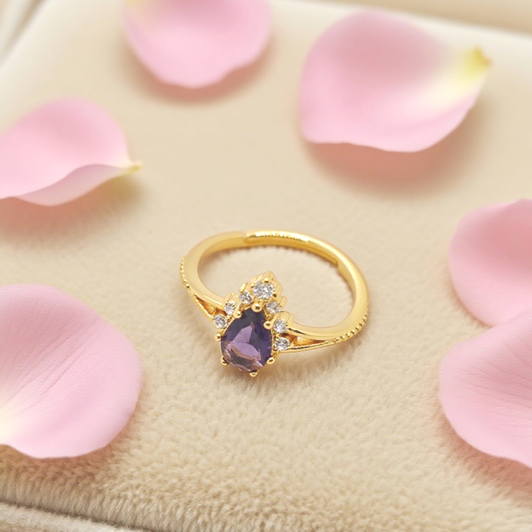 “Toujours” Adjustable Ring — 18K-Gold Plated Faux Amethyst & Clear L’Ardeur Crystal Zircons