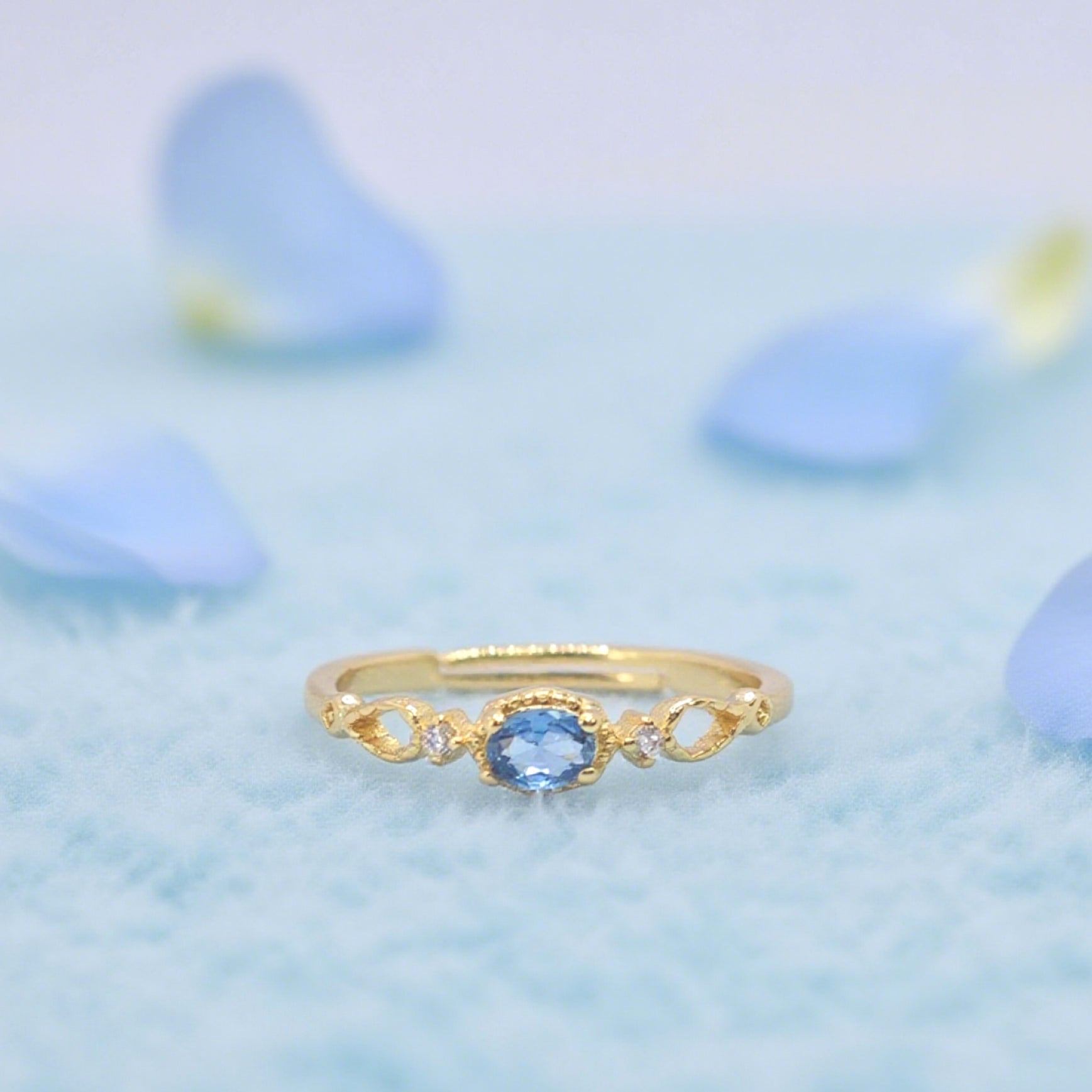 “Toujours” Adjustable Ring — 14K-Gold Plated Paraiba-Blue Faux Apatite & Clear L’Ardeur Cubic Zircons