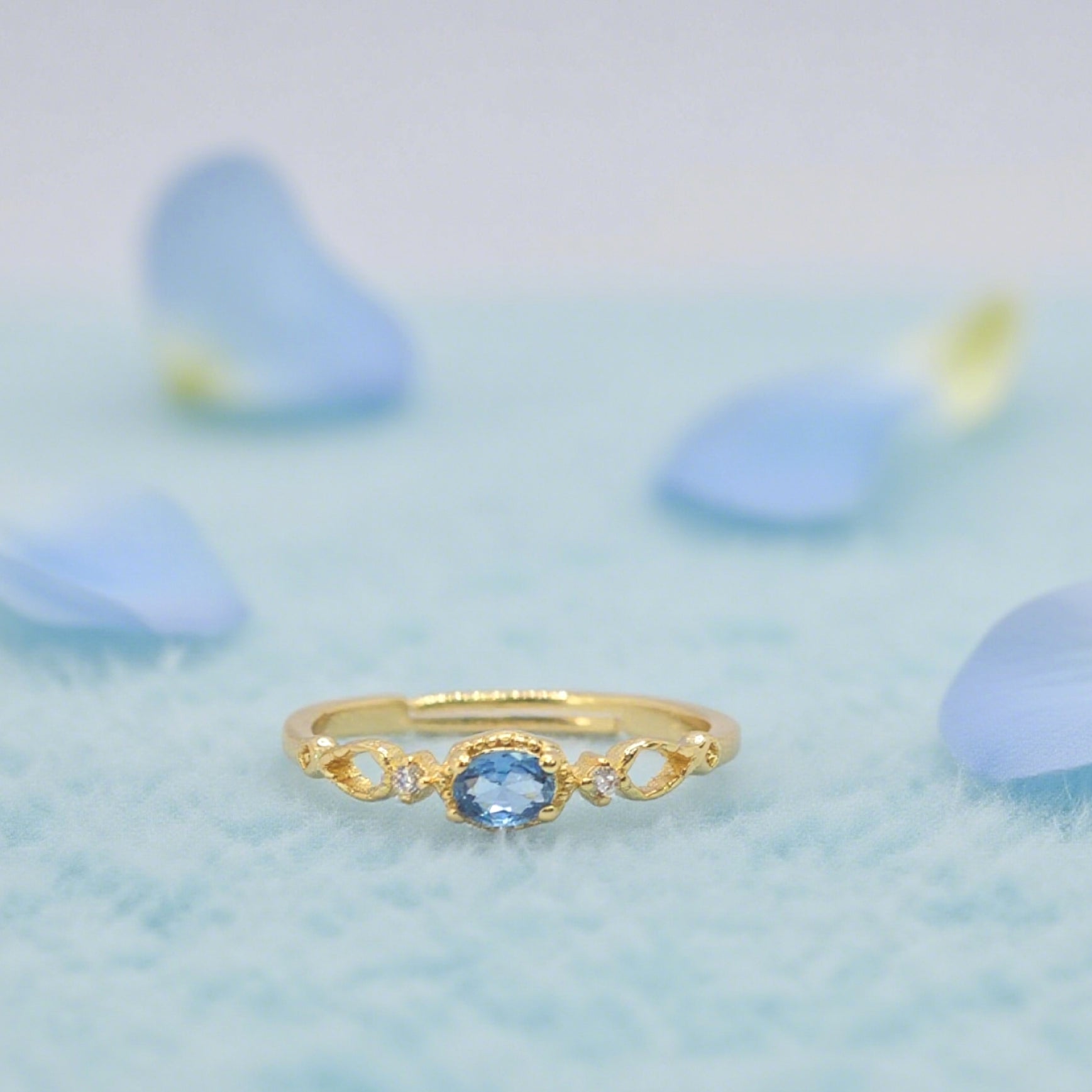 “Toujours” Adjustable Ring — 14K-Gold Plated Paraiba-Blue Faux Apatite & Clear L’Ardeur Cubic Zircons