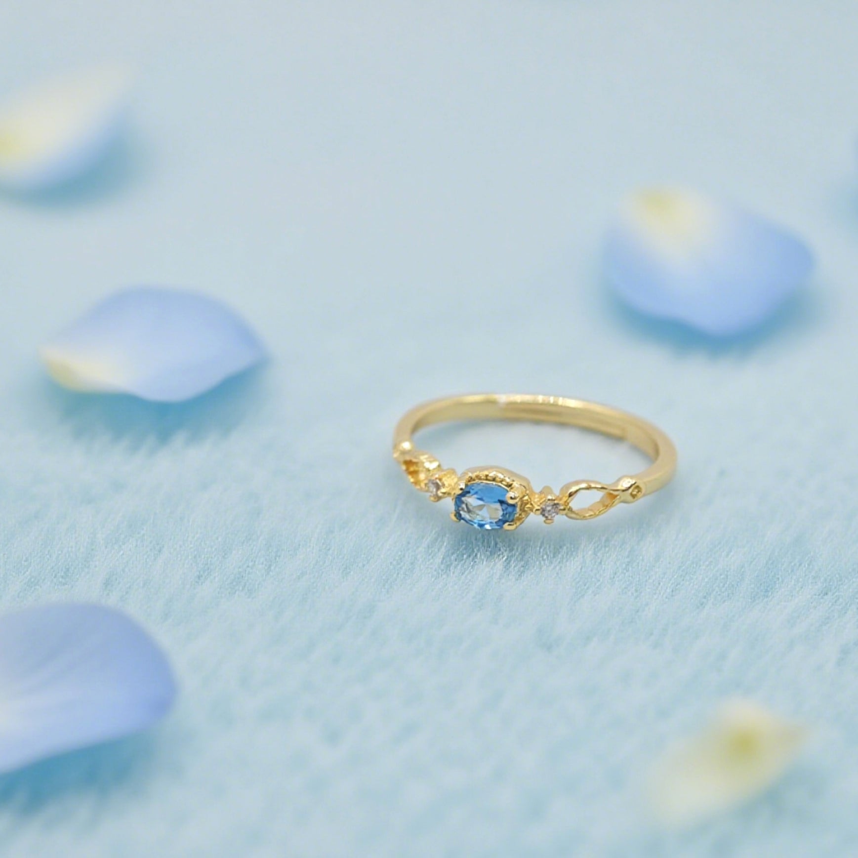 “Toujours” Adjustable Ring — 14K-Gold Plated Paraiba-Blue Faux Apatite & Clear L’Ardeur Cubic Zircons