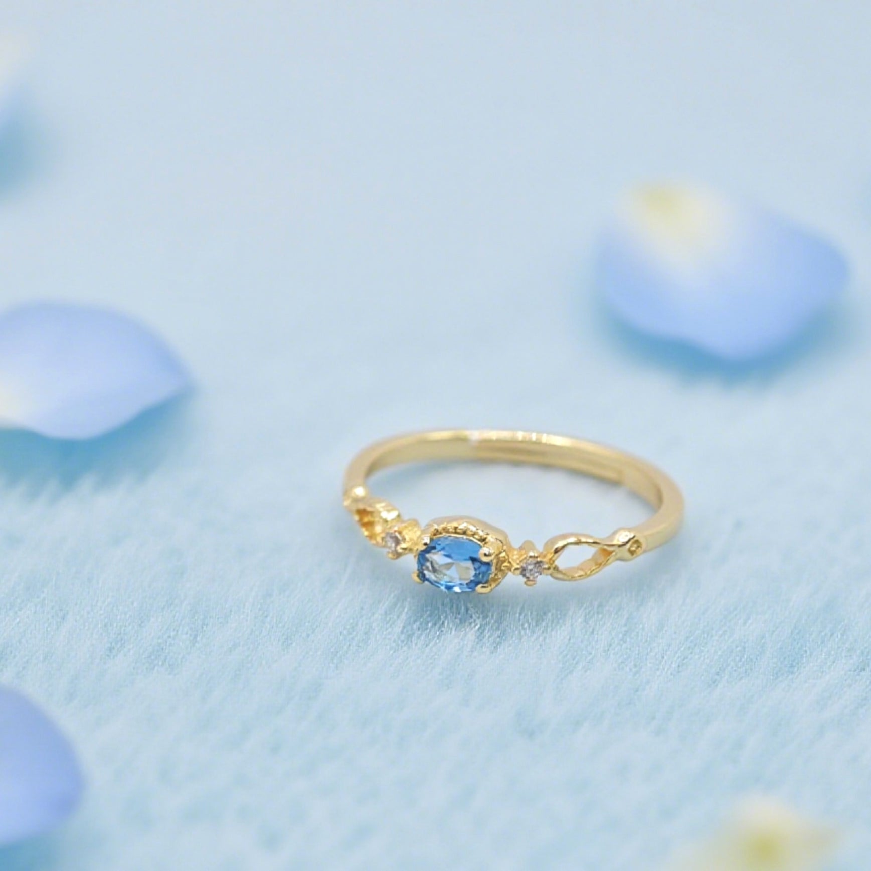 “Toujours” Adjustable Ring — 14K-Gold Plated Paraiba-Blue Faux Apatite & Clear L’Ardeur Cubic Zircons