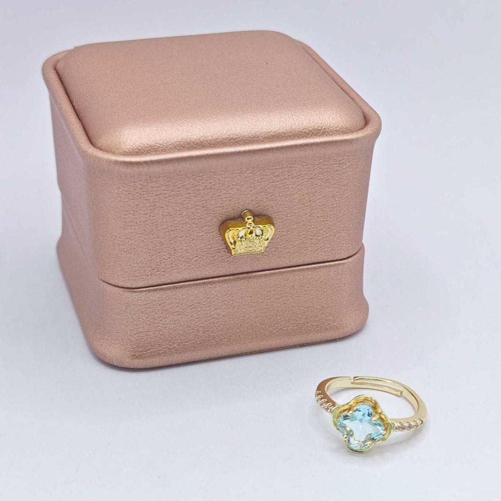 “Toujours” Adjustable Ring — Sky-Blue Faux Topaz Clover, 14K-Gold Plated