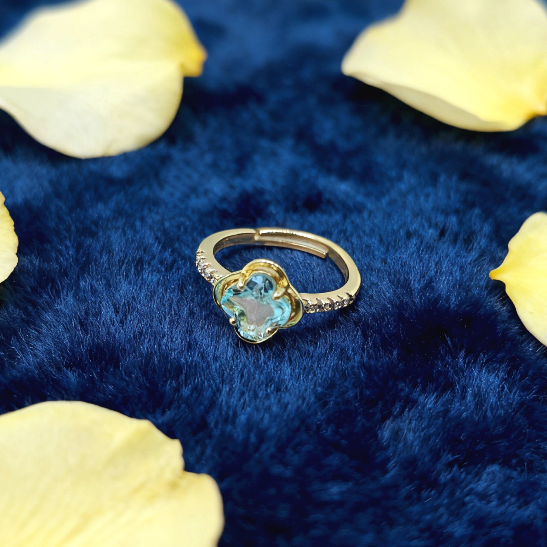 “Toujours” Adjustable Ring — Sky-Blue Faux Topaz Clover, 14K-Gold Plated