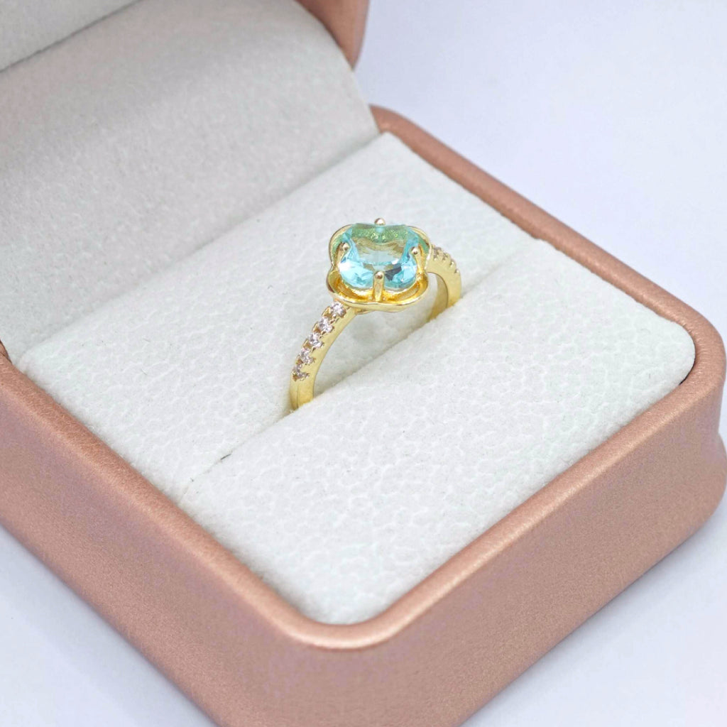 “Toujours” Adjustable Ring — Sky-Blue Faux Topaz Clover, 14K-Gold Plated