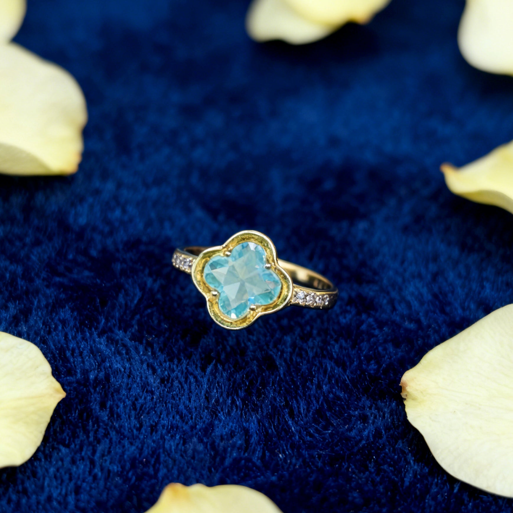 “Toujours” Adjustable Ring — Sky-Blue Faux Topaz Clover, 14K-Gold Plated