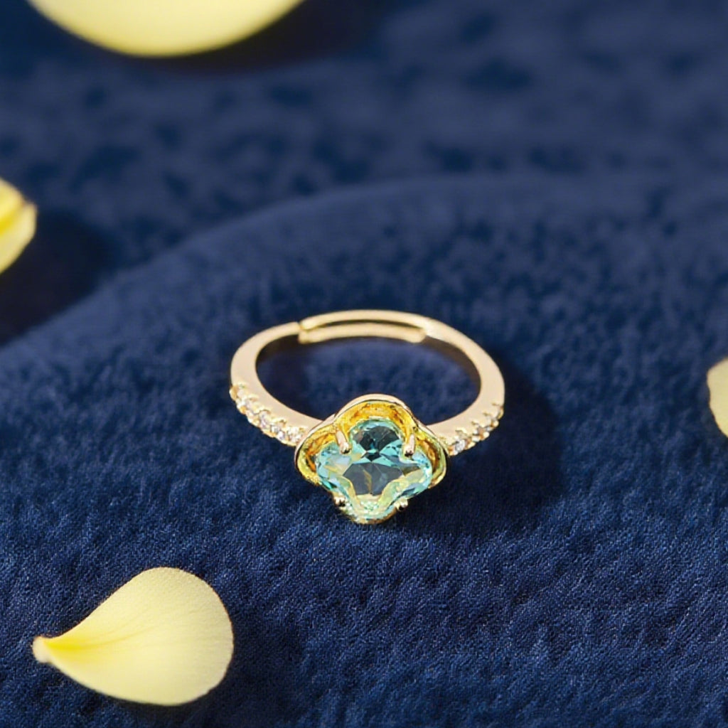 “Toujours” Adjustable Ring — Sky-Blue Faux Topaz Clover, 14K-Gold Plated