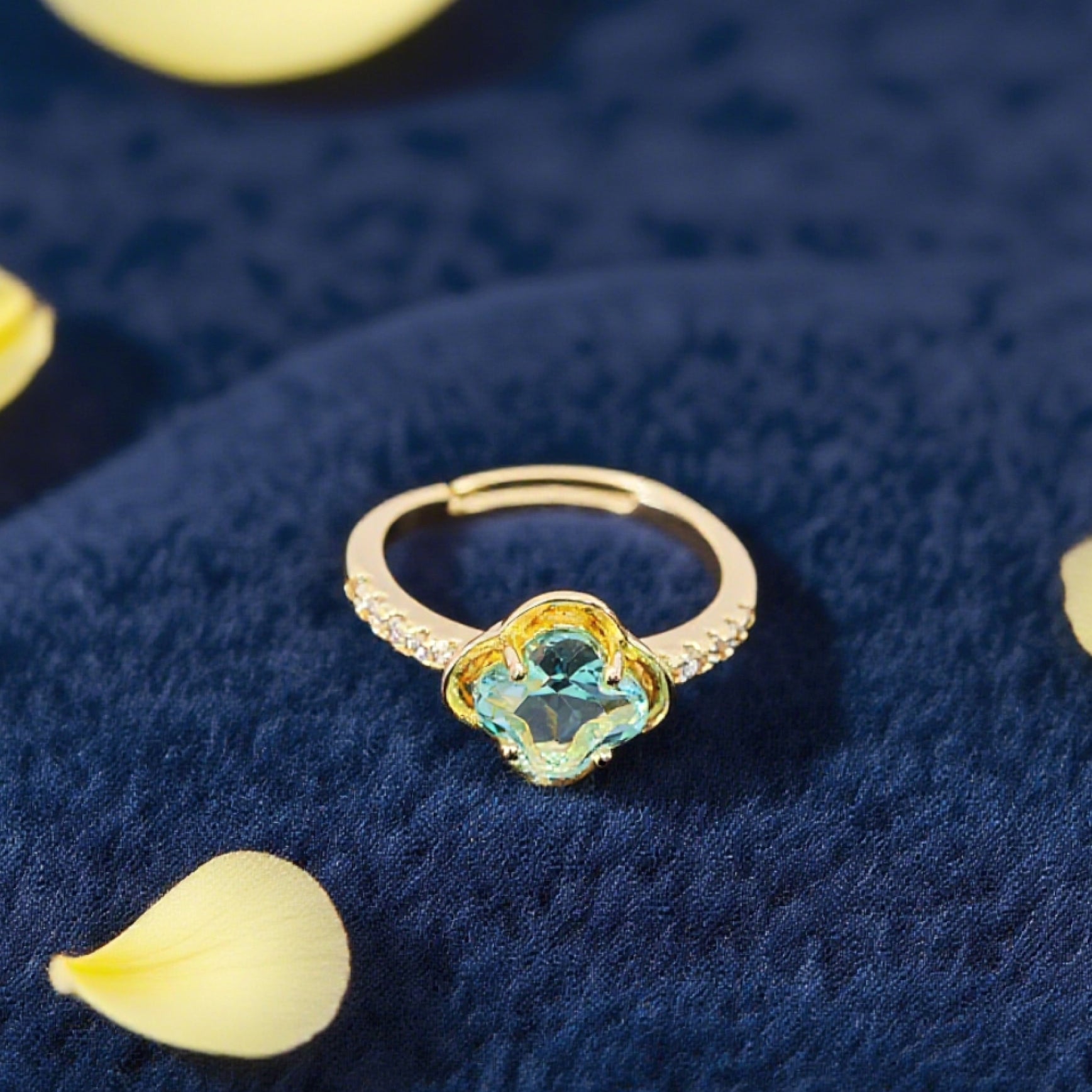 “Toujours” Adjustable Ring — Sky-Blue Faux Topaz Clover, 14K-Gold Plated