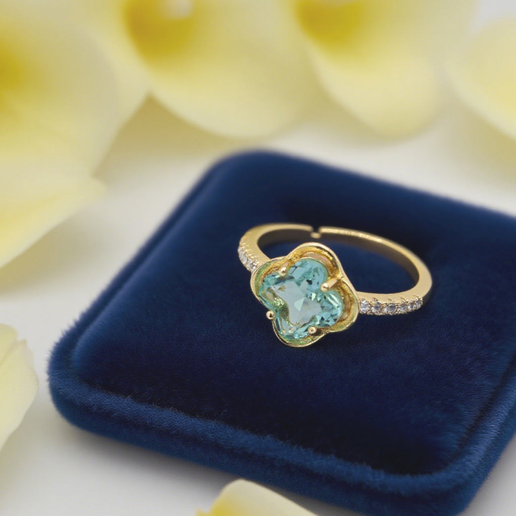 “Toujours” Adjustable Ring — Sky-Blue Faux Topaz Clover, 14K-Gold Plated