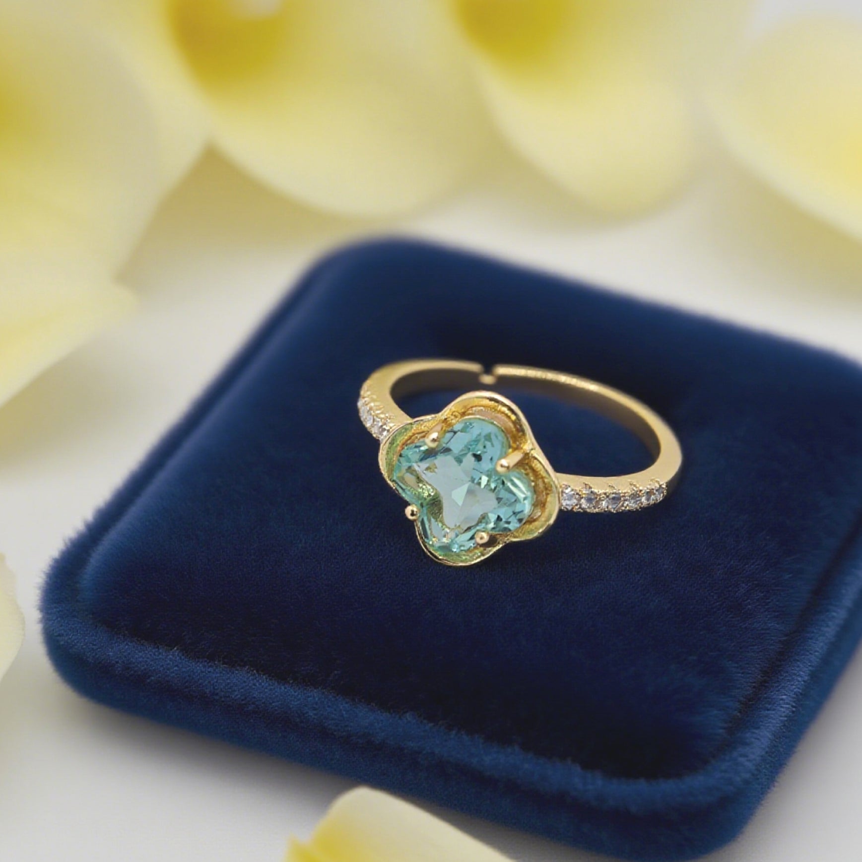 “Toujours” Adjustable Ring — Sky-Blue Faux Topaz Clover, 14K-Gold Plated