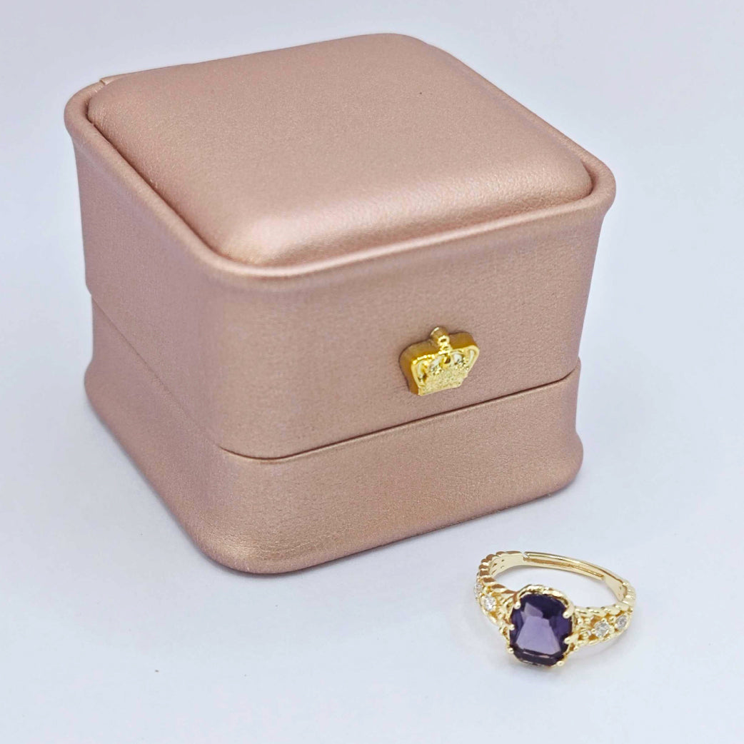 “Toujours” Adjustable Ring — Faux Amethyst Blossom, 14K-Gold Plated