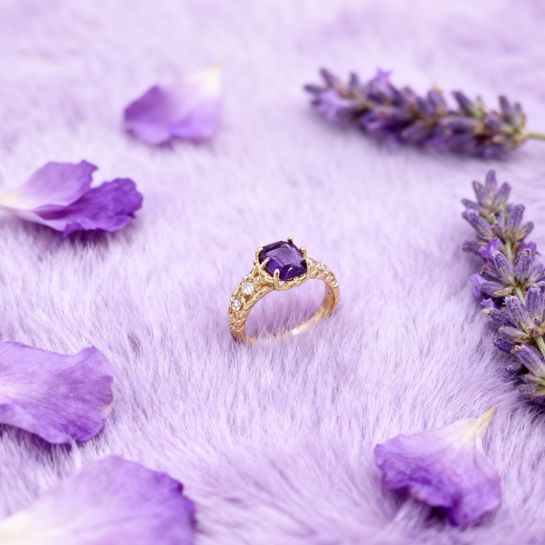 “Toujours” Adjustable Ring — Faux Amethyst Blossom, 14K-Gold Plated